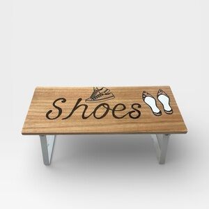 Shoe Shelf Wood Burnt Foldable Wood and Metal